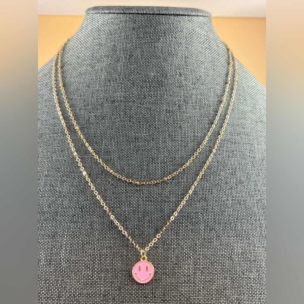 Smiley Face Necklace Gold, 2 Layer Necklace Set, Smile Emoji Necklace, Layered